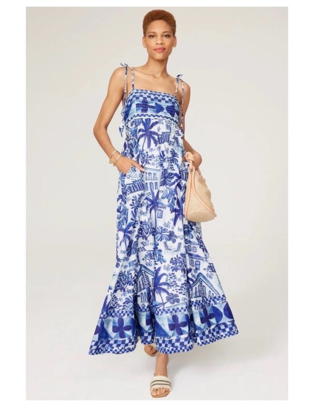 farm Rio Blue Printed Tie-Strap Maxi Dress